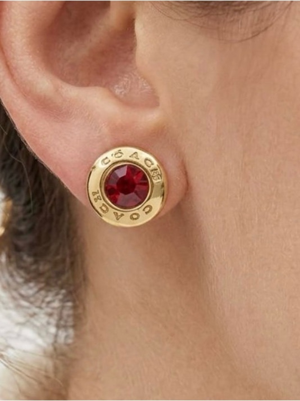 Coach Open circle Red Stone Gold Stud Pieced Earring In Logo w/ Gift Box